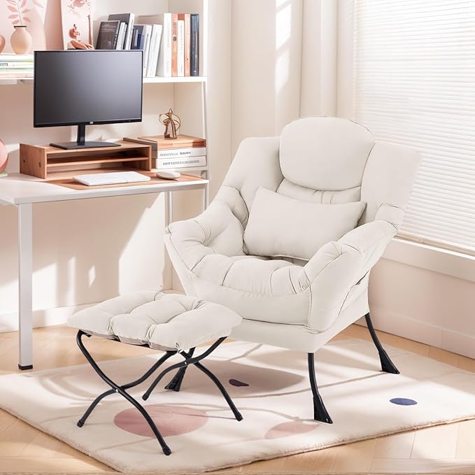 Lazy Chair with Ottoman, Comfy Fabric Accent Lounge Arm Chair with Lumbar Pillow and Folding Footrest, Reading Leisure Sofa Chair for Bedroom, Living Room, Dorm,Beige