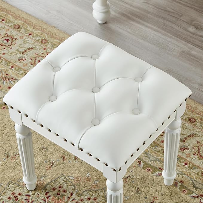 Vanity Bench Stool with Microfiber Leather Cushion, Vanity Chair Ottoman Dressing Stool with Solid Wood Legs for Bedroom, Makeup Room, Dressing Room (White)
