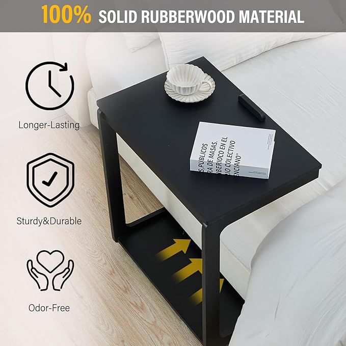 CozyDH Adjustable C Shaped End Table, Rolling Side Table Solid Wood TV Sofa Tray Table for Couch Arm Eating Multi-Purpose, Small Coffee Table with Wheels Living Room Bedroom, Black