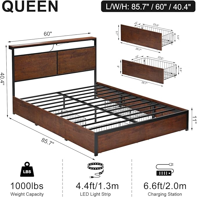 Queen Bed Frame with Storage Headboard and 4 Drawers Bed Frame Queen Size with Charging Station LED Lights Metal Platform Non-Slip Without Noise No Box Spring Needed