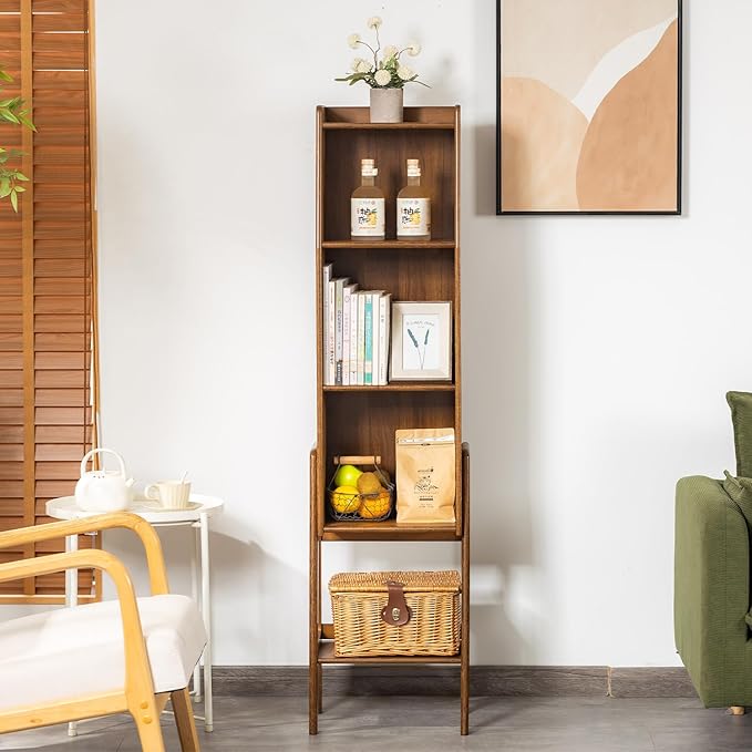 4 Tier Bamboo Bookcase, Classical Modern Bookshelf, Dispaly Shelves, Bamboo Wood Organizer Book Shelf for Living Room Home Office-Walnut, Large