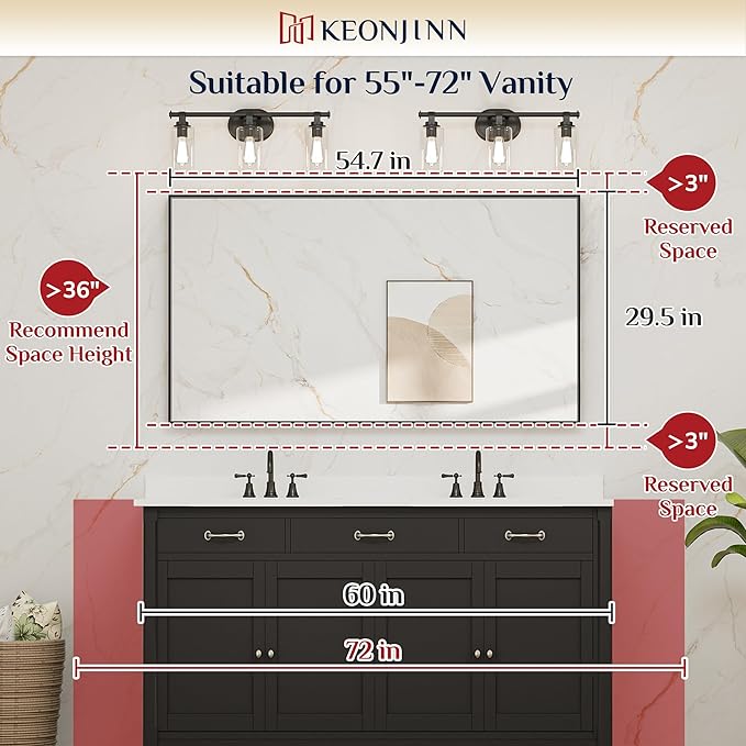 Keonjinn Black Framed Bathoom Mirror 55 x 30 Inch Large Rectangle Vanity Wall Mirror for Over Sink Metal Frame Rectangular Bathroom Mirror Brushed Black Modern Farmhouse Mirror(Horizontal/Vertical)