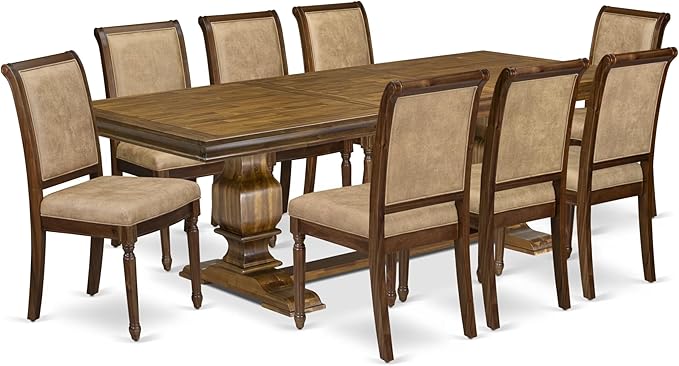 LKCY9-AWA-28 9-Piece Kitchen Table Set Includes a Dining Table and 8 Beige Polyester Fabric Dinner Chairs with High Back - Antique Walnut Finish