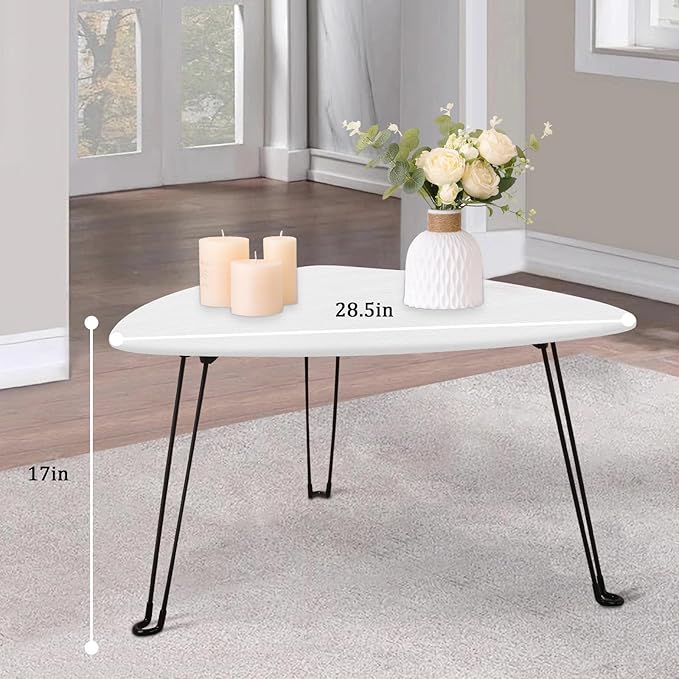 Coffee Table for Small Spaces White Folding Wooden Triangle Center Sofa Tables Simple Design Droplet Coffee Table with Steel Legs Modern Accent Furniture for Living Room Home Office