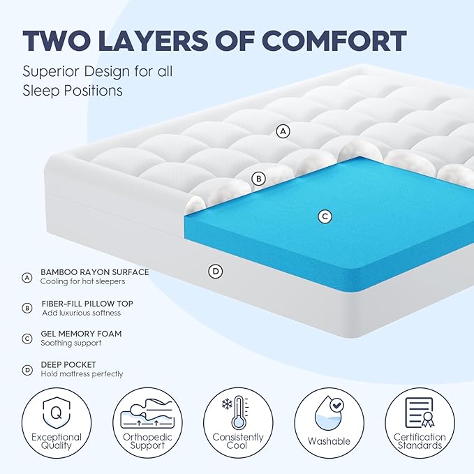 ELEMUSE Twin XL Dual Layer 3 Inch Memory Foam Mattress Topper for College Dorm Room Essentials, 2 Inch Cooling Gel Memory Foam and 1 Inch Washale Soft Pillow Top Extra Long Twin Mattress Pad Cover