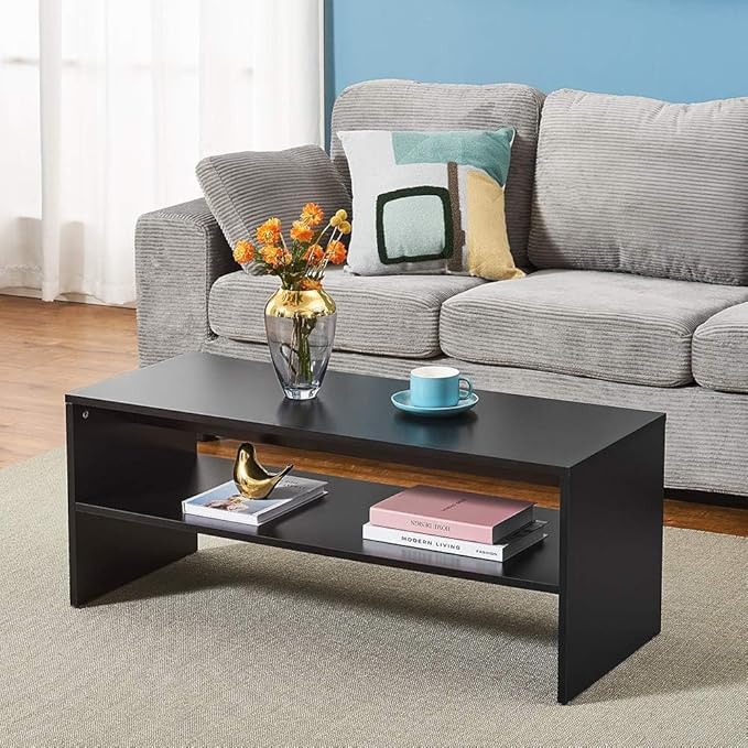 Panana 2-Tier Coffee Table Simple Couch Sofa Side End Table Tea Accent Table for Living Room Office, 39.4" x 15.7" x 15.7" (Black)