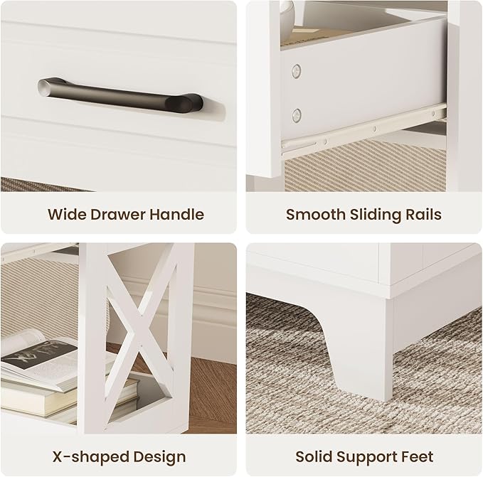 Tall Nightstand Set of 2 Side Table with 2 Drawers Modern Night Stand Wooden Rustic End Table Bedside Table with Below Open Shelf Solid Feet for Bedroom, Living Room, White+Walnut
