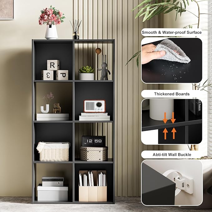 Sweetcrispy 8 Cube Storage Organizer - Open Cube Bookshelf with 4 Removable Back Panels, Display Storage Bookcase for Living Room, Bedroom, Entrance Hall, Home Office，47.7" L×11.6" W×24" H, Black