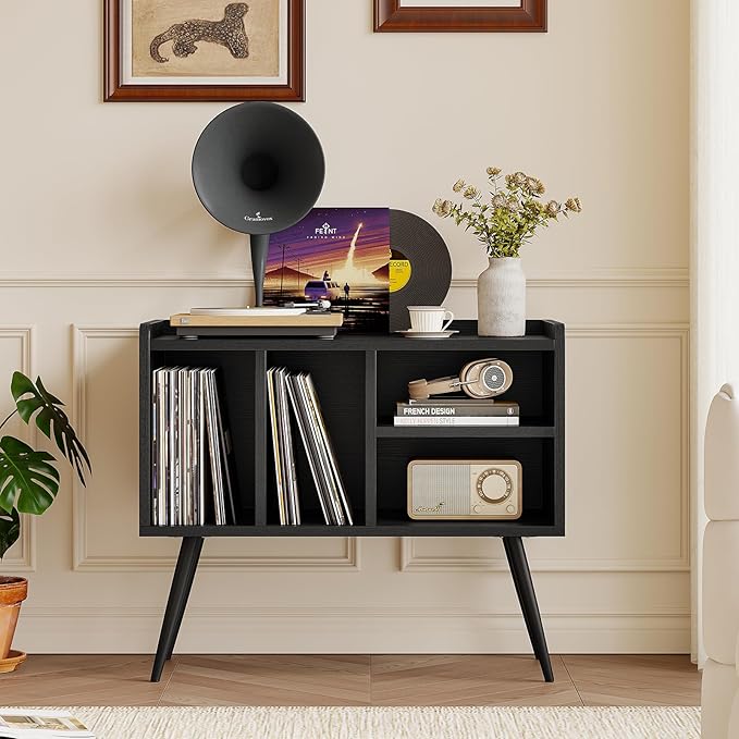 Record Player Stand with Vinyl Storage,Turntable Stand with Solid Wood Legs,Record Player Table Holds Up to 200 Albums,Vinyl Holder Storage Shelf for Bedroom Living Room,Black