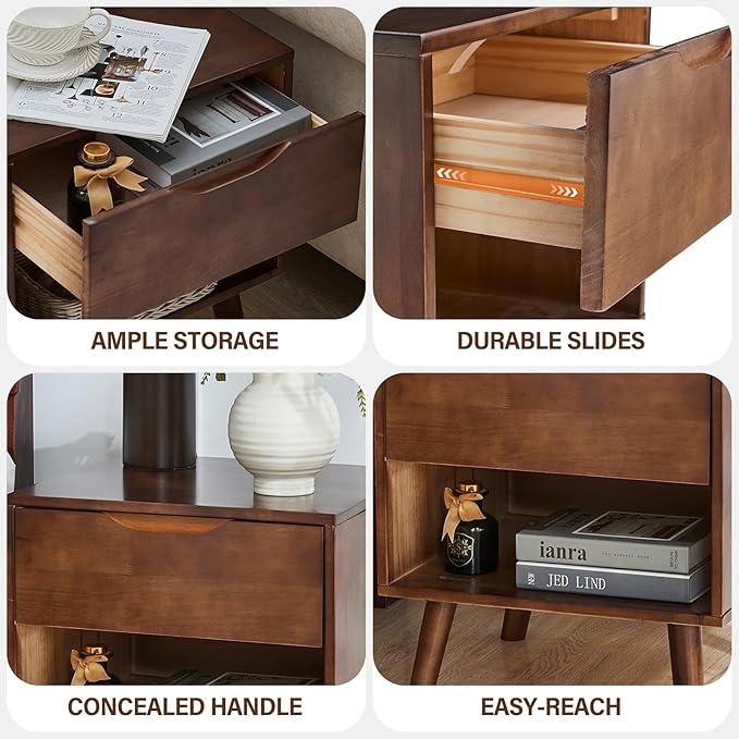 CozyDH Nightstand with Drawer and Opening Storage, Solid Wood Modern Bedside Table for Bedroom, 19" Sofa Side Table with Wooden Legs End Tables Living Room, Walnut