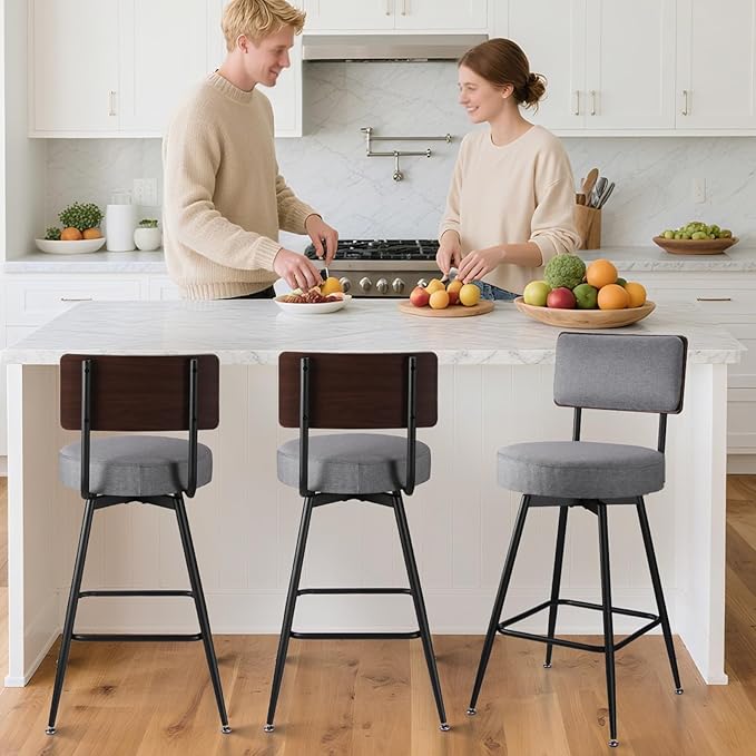 Counter Height Bar Stools, 25" Swivel Bar Stools Set of 2, Round Swivel Bar Chair, Fabric Upholstered Barstools with Metal Leg, Stool for Kitchen Counter Island, Dark Grey