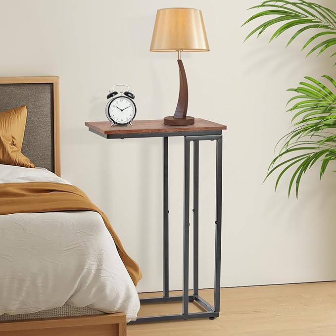 C-Shaped End Table, for Living Room, Bedroom, Small Spaces, TV Tray Couch Side Tables Laptop Table, Rustic Brown and Black