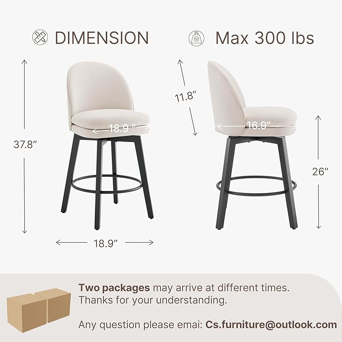 Counter Height Barstools 26 inch Upholstered Swivel Bar Stools with Back and Wood Legs for Kitchen Island,Set of 4,Beige Fabric-Armless
