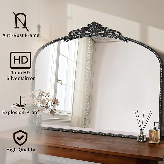Micasso Black Large Vintage Mirror, 40"x 30" French Baroque Antique Arched Wall Mounted Mirror Decorative Ornate Entryway Mirror for Wall Decor, Living Room, Hallway