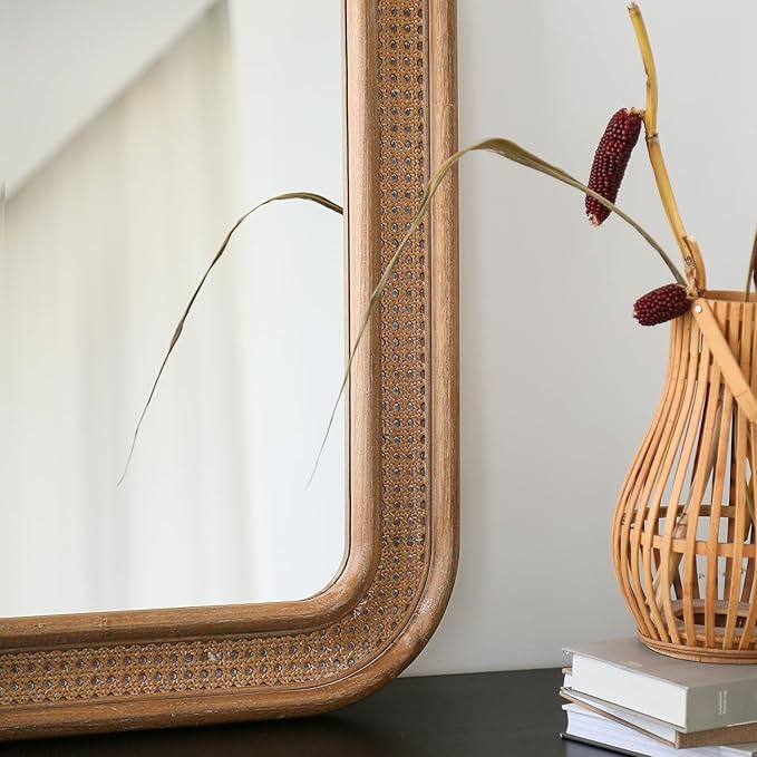 Micasso Rustic Wicker Wall Mirror: 30x22 in Purely Handmade Wooden Frame Rattan Mirror - Rectangular Shabby Chic Boho Bamboo Mirrors for Farmhouse/Bathroom/Bedroom/Living Room/Home Decor