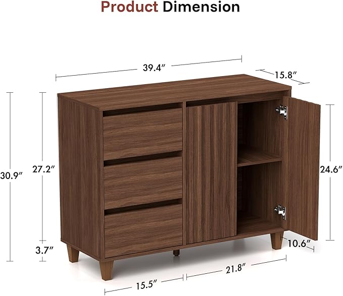 Redkey Fluted Sideboard Cabinet - Mid Century Modern Sideboard Buffet Cabinet with 3 Drawers - Buffet Table with Handle-Less Design for Kitchen Bedroom Dining/Living Room - Walnut