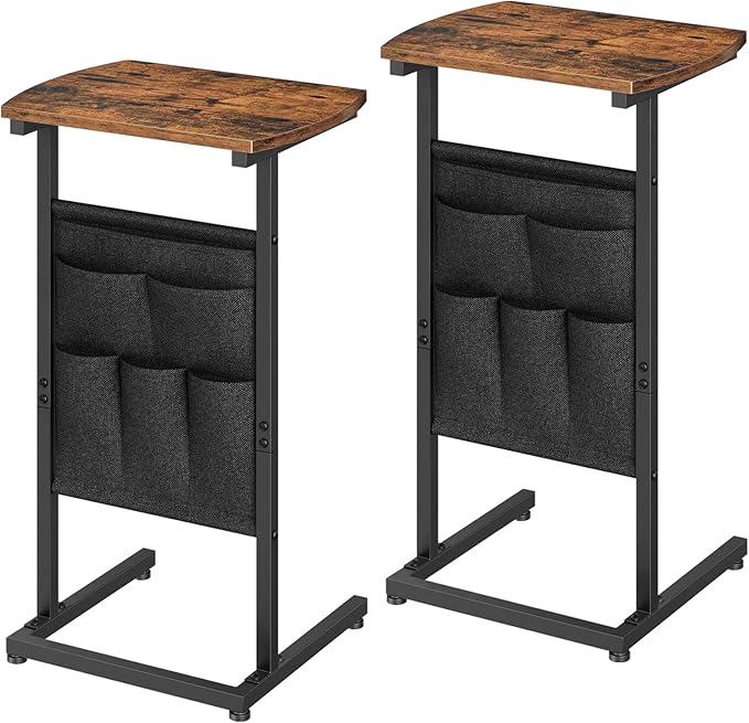 HOOBRO C Shaped End Table Set of 2, Small Side Table for Couch with Storage Bag, Slide Under Sofa, for Small Place, Sturdy Frame, Living Room, Bedroom, Rustic Brown and Black BF40SFP201