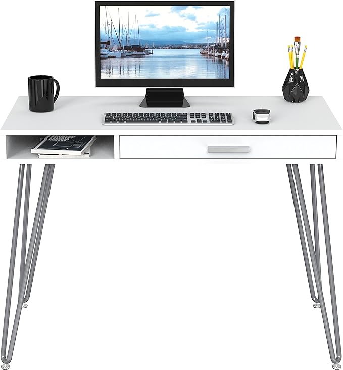 SHW Home Office Computer Hairpin Leg Desk with Drawer, White
