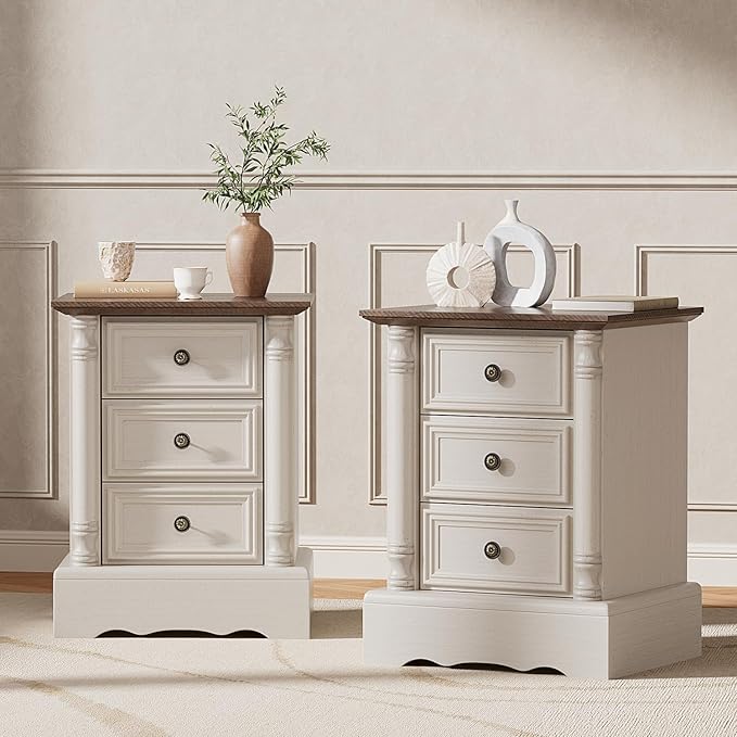 Nightstand with 3 Drawers, Rustic Night Stand 18' Wide Side Table with Storage, Mid-Century Modern Couch End Table with Vintage Handles, Small Dresser for Bedroom, Living Room, Antique White