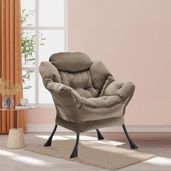 Lazy Chair Thick Padded, Comfy Velvet Accent Lounge Chair with Stable Frame, Leisure Sofa Armchair with Armrests and Side Pocket, Reading Chair for Bedroom, Living Room, Office, Dark Gray