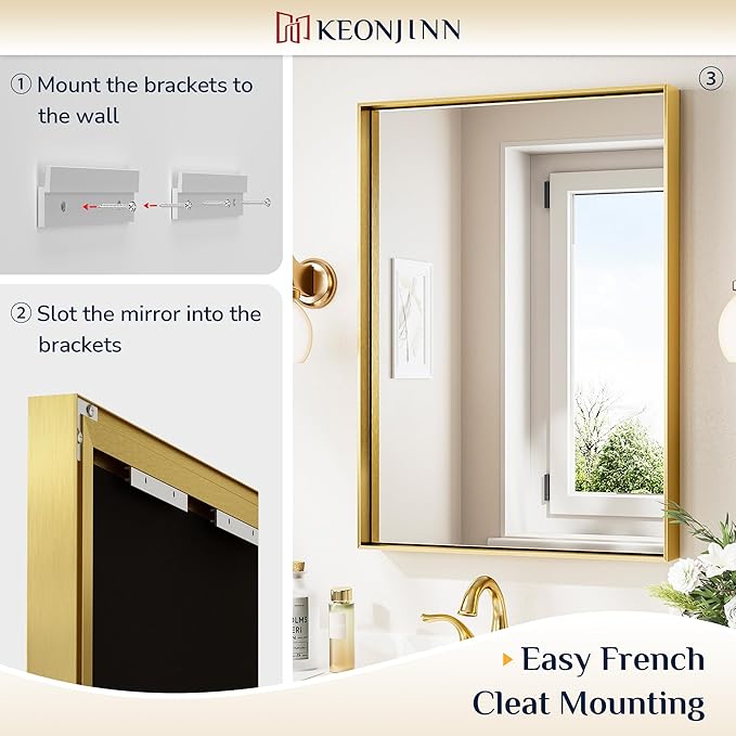 Keonjinn 24 x 32 In Brushed Gold Bathroom Mirror for Over Sink Shiny Gold Rectangle Wall Mirror Metal Framed Rectangular Farmhouse Mirror Modern Square Corner Framed Vanity Mirror(Horizontal/Vertical)