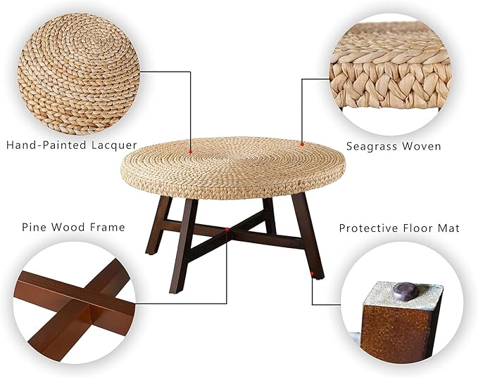 RANDEFURN Coffee Table Round, Seagrass Coffee Tables,Pine Wood X Base Frame Cocktail Table, Easy Assembled, Multiple Sizes for Living Room, Solid Wood Table,32 x 17 Inches,Natural