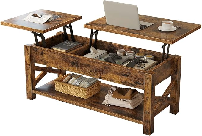 Rolanstar Coffee Table 47.2", 2 Way Lift Top with Hidden Compartment, Lift Top Coffee Table with Open Shelf & X Wooden Support, Center Table for Living Room, Rustic Brown
