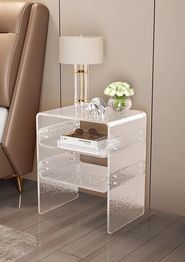 Clear Acrylic 3-Tier End Table/Nightstand – Sleek Bedside Storage with Durable Design, Perfect for Bedrooms, Living Rooms, or Modern Interiors – Ideal as a Bedside Table or Sofa Side Piece Marble