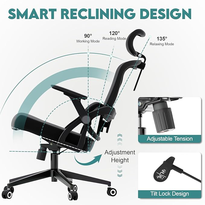 Office Chair Ergonomic Desk Chair with Lumbar Support&Headrest&Flip-up Arms Height Adjustable Rocking Swivel High Back Computer Chair Warm Taupe Mesh Study Chair (05Black)