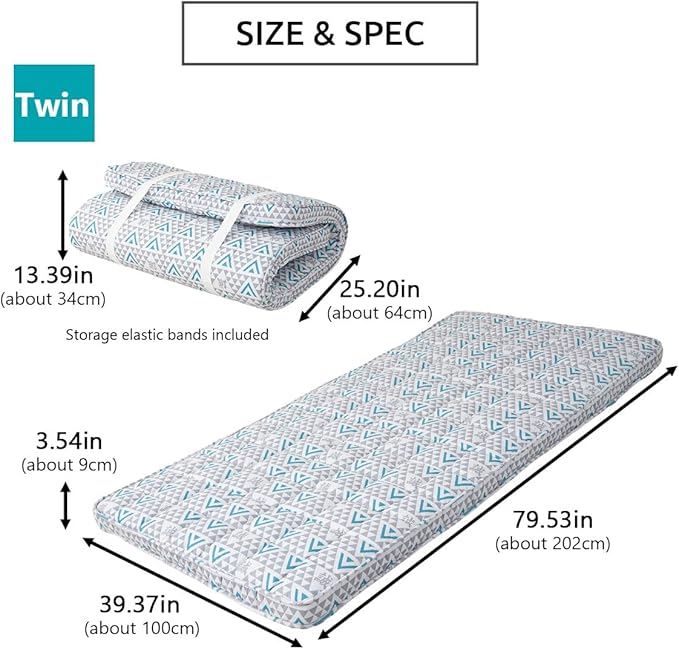 EMOOR Japanese Padded Futon Mattress Machi Twin Triangle-Gray (Shinsengumi Makoto), Gusset Foldable Storable Elastic Bands Floor Sleeping Guest Bed Tatami Mat