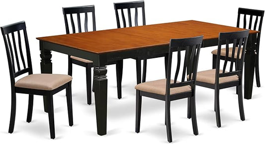 East West Furniture LGAN7-BCH-C 7 Piece Dining Table Set Consist of a Rectangle Wooden Table with Butterfly Leaf and 6 Linen Fabric Dining Room Chairs, 42x84 Inch, Black & Cherry