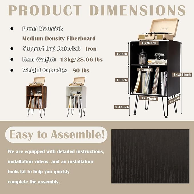 Record Player Stand with Vinyl Storage, Vinyl Record Storage Cabinet Holds Up to 150 Albums, End Table for Record Player, Turntable Stand with Record Storage for Living Room, Black