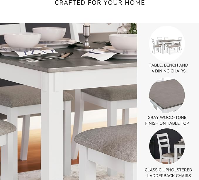 Signature Design by Ashley Stonehollow Modern Farmhouse Dining Table with Upholstered Chairs and Bench, Set of 6, White & Gray