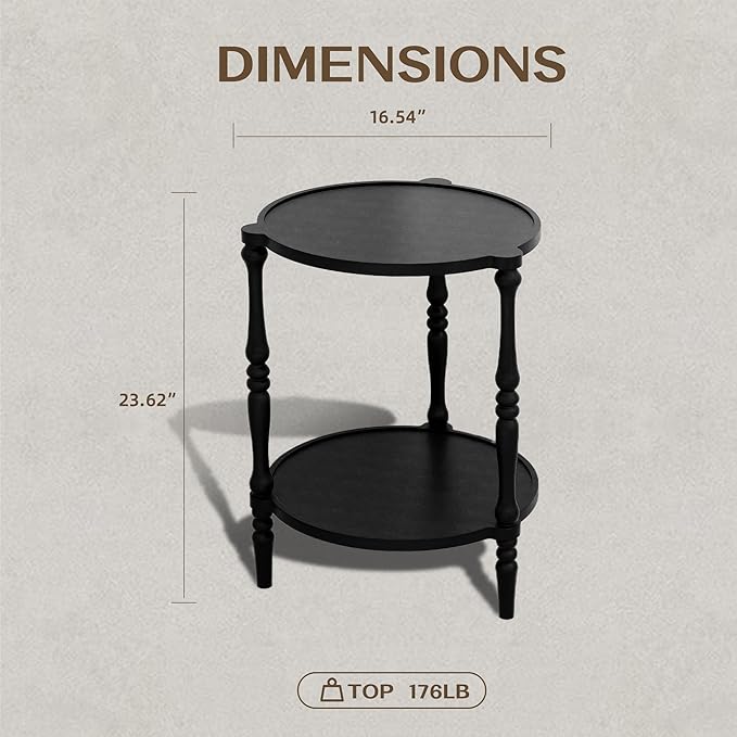 Accent Wood End Table, 2-Tier Round Bedside Table, Natural Side Table Nightstand for Family, Bedroom, Living Room, Handcrafted Finish, Black