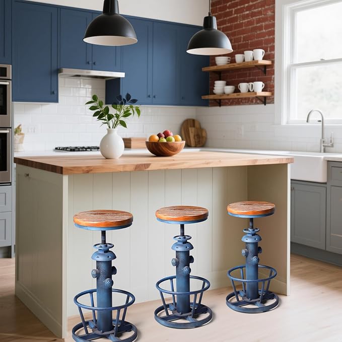 Topower Aged Steampunk Deco Industrial Round Bottom Adjustable Height Cafe Coffee Retro Vintage Fire Hydrant Design Pub Kitchen Counter Bar Stool (Antique Blue, Wooden Top)