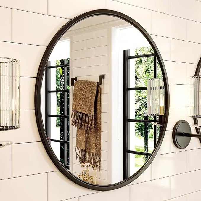 Growsun 30'' Black Round Mirror, Circle Wall Mirror for Bathroom Vanity, Entryway Living Room with Metal Frame for Home Decor