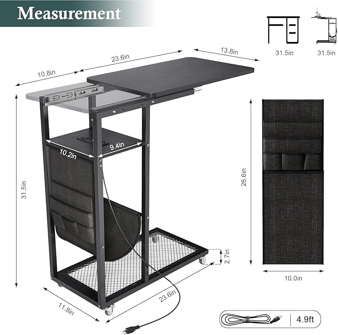 Colima C Shaped End Table with Charging Station (Black, Extra Large)