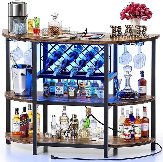 Zarler Bar Cart with Power Outlet Easy to Assemble, LED Home Bar Cabinet for Liquor, 47.3" L x 15.8" D x 36" H Metal Mini Bar Table with 4-Tier Storage, Brown