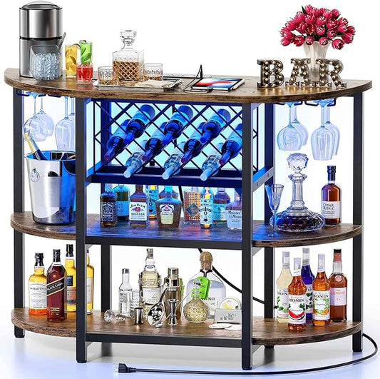 Zarler Bar Cart with Power Outlet Easy to Assemble, LED Home Bar Cabinet for Liquor, 47.3" L x 15.8" D x 36" H Metal Mini Bar Table with 4-Tier Storage, Brown