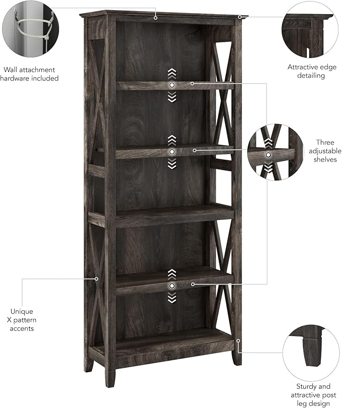 Bush Furniture Tall 5 Shelf Bookcase for Living Room or Home Office, Large Bookshelf, Modern Farmhouse Style, Key West Collection, Dark Gray Hickory