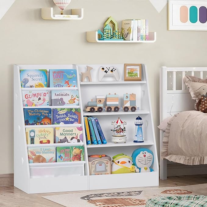 Lerliuo 4 Tier Kids Bookshelf and Storage Organizer, Five Layer Sling Children Bookcase, Baby Toddler Wooden Book Shelf, Display Cabinet for Playroom, Bedroom, Classroom, Nursery, School (White)