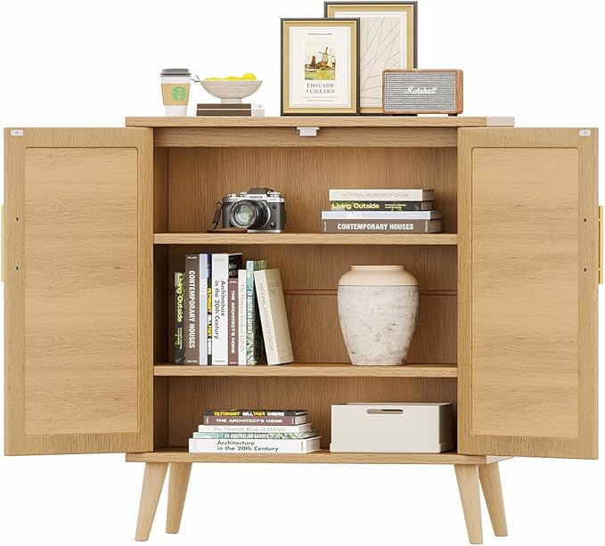 Rovaurx Rattan Storage Cabinet with Doors, Modern Accent Bathroom Floor Cabinet, Sideboard Buffet for Living Room, Entryway, Dining Room and Kitchen, Natural BMGZ108M