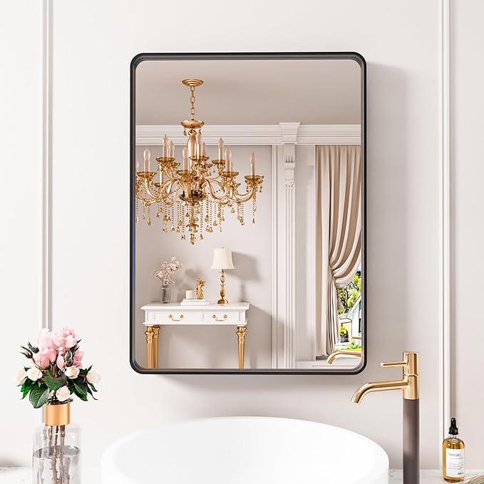 Black Bathroom Mirror 22X30 Inch, Black Metal Framed Mirror for Wall, Rounded Rectangle Matte Bathroom Vanity Mirror with Tempered Glass, Anti-Rust, Horizontal/Vertical