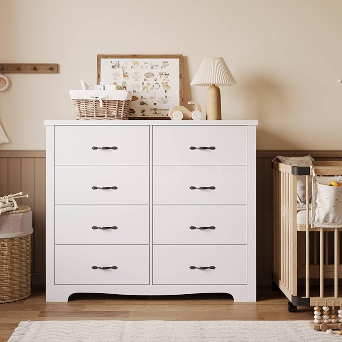 LINSY HOME 8 Drawers Dresser for Bedroom, 47" Wide Rustic Wood Dressers & Chests of Drawers, 40" Tall Modern Storage Dresser with Antique Handles for Closet, Living Room, Hallway, White