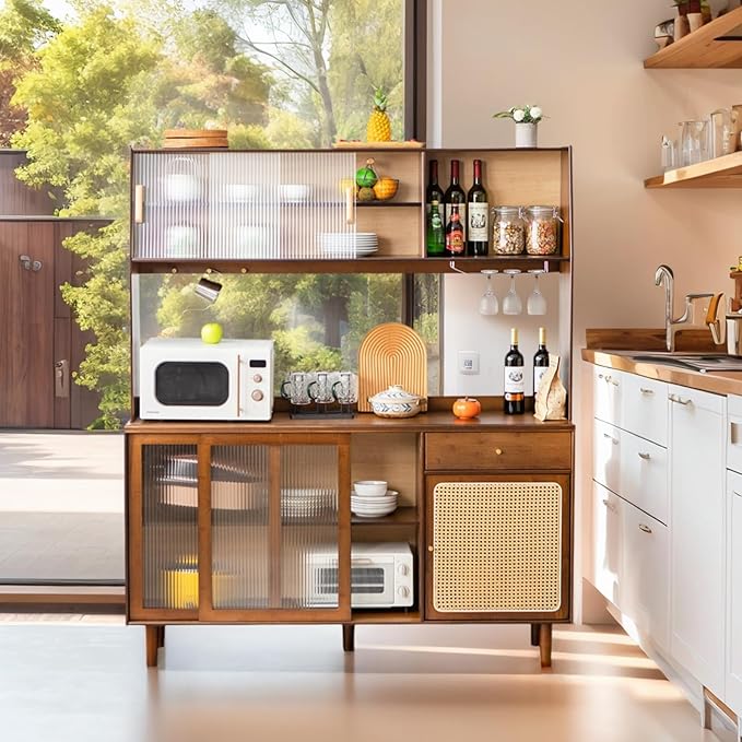 Tiita Kitchen Hutch with Countertop, 69” Rattan Solid Wood Pantry Cabinet with Hutch, Boho Bamboo Sideboard Buffet Cabinet, Boho Entryway Table for Living Room, Home Bar, Hallway, Walnut