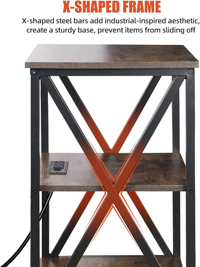 Square End Table with Charging Station, 3-Tier End Table Living Room, 16" D X 16" W X 28" H, Wood and Metal Table with USB Ports and Outlets, Side Table with Wheels for Living Room, Bedroom, Kitchen