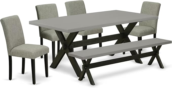 East West Furniture X697AB106-6 6 Piece Dinette Set Contains a Rectangle Dining Table with X-Legs and 4 Shitake Linen Fabric Parson Chairs with a Bench, 40x72 Inch, Multi-Color