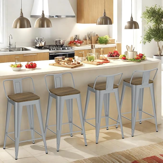 Silver Bar Stools Set of 4, Metal Bar Stools with Wooden Seat, Modern 30”Counter Height Barstools with Low Back