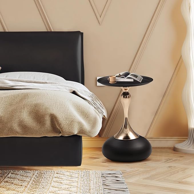 Small Black Round Side Table Pedestal for Small Spaces, Metal Unique End Table for Living Room, Modern Corner Accent Tables Drink Martini Tables