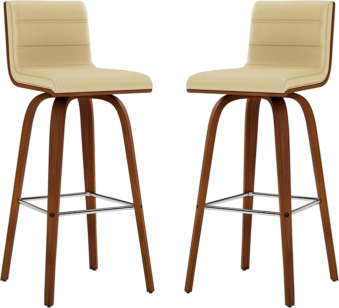 Vienna 30" Swivel Bar Stool in Walnut Wood Finish with Cream Faux Leather - Set of 3